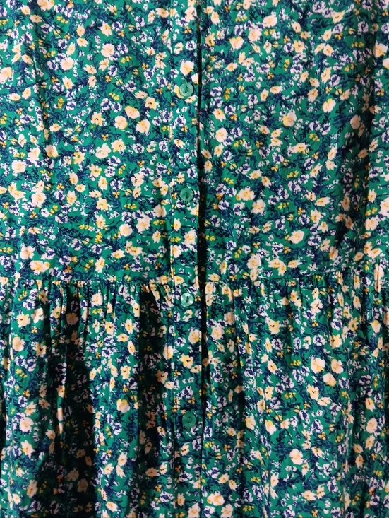 Old Navy Womens Medium Dress Green Floral Puff Sleeve Button Front Midi Tiered - Picture 6 of 14